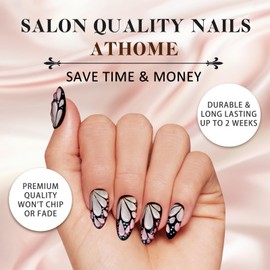 Almond Press On Nails, 3D Butterfly Designs Medium Fake Nails with Nail Glue, Reusable Soft Gel Stick On Nails for Women Girls Gift, 24PC Elegant Glue On Nails Kit