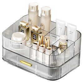 OSteed Clear Makeup Organizer Countertop Tray & Drawer for Vanity, Bathroom Counter and Storage Drawer, Skincare Drawer Organizer for Desks, Stackable Cosmetic Storage Box for Dresser & Toiletry