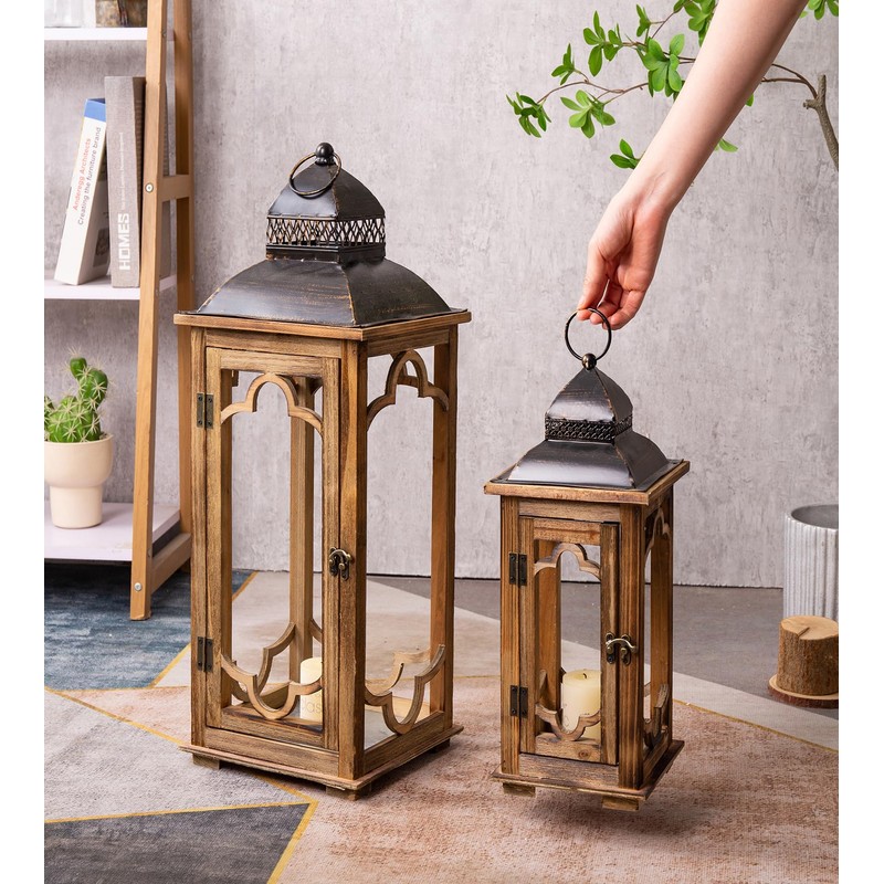 Large Farmhouse Decorative Wooden Lantern Set of 2, Rustic Brown
