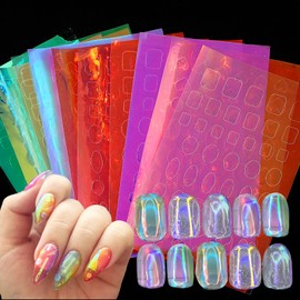 11 Sheets Aurora Nails Foils Nail Stickers Foil Laser Nail Art Stickers 3D Holographic Sticker Paper Iridescent Stickers Stained Glass Nail Stickers Nail Wraps for Women Girls Nail Art Decoration