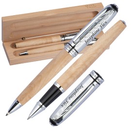 MARK®TWAIN 1253213 Writing Set Twist Ballpoint Pen and Rollerball Pen Made of Metal with Engraving - Wooden Body - Blue Refill - in Gift Box for Birthday
