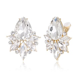 Flyonce Vintage Rhinestone Clip On Stud Earrings for Women, Fancy Crystal Cluster Teardrop Art Deco Non Pierced for Wedding Bridal Brides Clear Gold-Tone