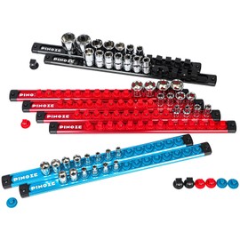 PINOZE 8PCS Magnetic Socket Holder Organizer Set - 1/4, 3/8, 1/2 - Aluminum Alloy Socket Rail Trays for Tool Box Drawer, Socket Rack Kit with 114Pcs Clips for Automotive Garage(Blue Red Black)