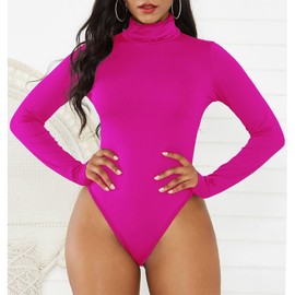 Hot Pink Bodysuit for Women Pink Long Sleeve leotard Neon Pink Turtleneck Leotards Neon Mock Turtle Neck Body Suit Shapewear Tops Rose Red L