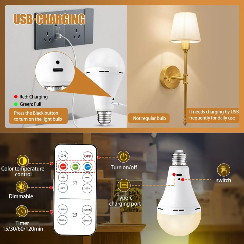 USB Rechargeable LED Bulbs 6Pk,A21 3CCT w/Remote 2000mAh