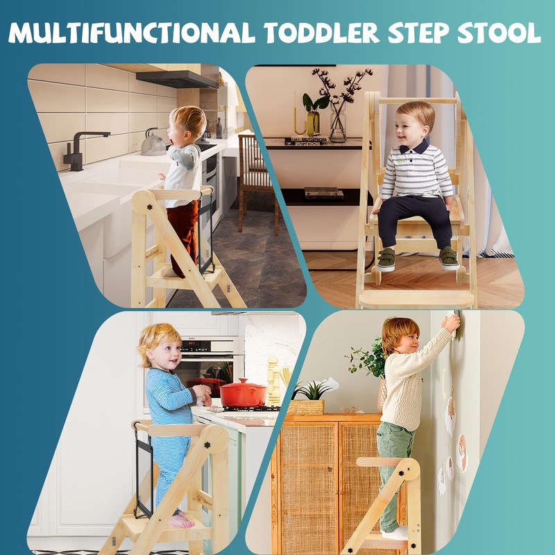 Foldable Toddler Tower with Safety Nets, 3 Adjustable Height Learning