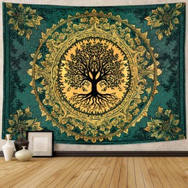 Zussun Tree of Life Tapestry Vintage Boho Mandala Tapestries for Bedroom Aesthetic Retro Bohemian Green Gold Plant Floral Flowers Leaves Tapestry Wall Hanging for Dorm Living Room 48 x 36 Inch
