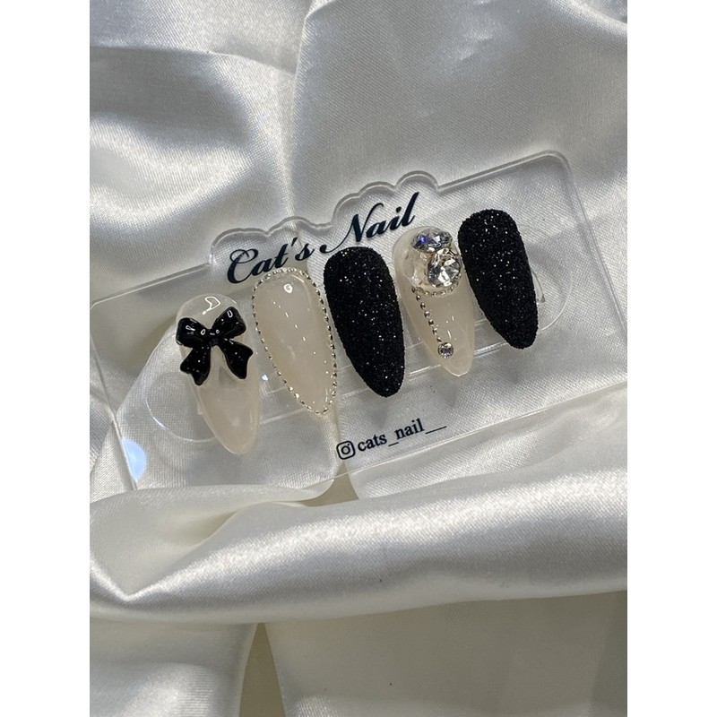Black Ribbon Syrup Glitter Nail Handmade Nail Tips - Mini