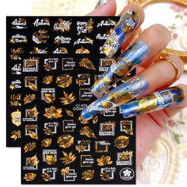 9 Sheets Fall Nail Art Stickers Decal, 3D Maple Leaf Nail Art Supplies Bronzing Two-Color Maple Squirrel Autumn Nail Stickers White Laser Gold Fallen Leaves Designs Thanksgiving Nail Art Decorations