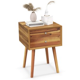 Giantex Nightstand with 2 Drawers, Mid Century Modern Bedside Table with Solid Wood Legs, Practical End Side Table for Living Room Bedroom Small Space, Night Stand, Walnut