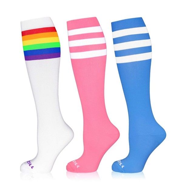 NEWZILL Medical Compression Socks for Women & Men Circulation 20-30 mmHg, Best for Running Athletic Hiking Travel Flight Nurses Rainbow/Pink/Blue