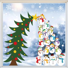 Whaline Christmas Window Cling Stickers Cartoon Snowman Xmas Tree Reusable Window Decals for Winter Party Home Office Classroom Decoration, 4 Sheets
