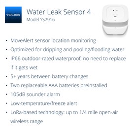YoLink Water Leak Detector 4 with 105dB Audio Alarm, App Push, Email Alerts and Limited Text, MoveAlert Function, Freeze Warning Water Sensor Alarm w/ Alexa, IFTTT - 1/4 Mile Long Range, Hub Required