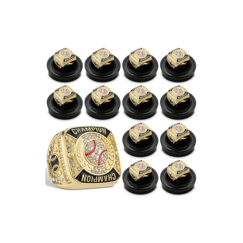 12 Pcs Baseball Championship Rings & Trophy Display Set