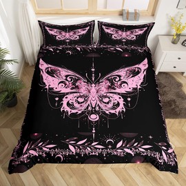 Homemissing Boho Pink Butterfly Comforter Cover Set Bohemian Moth Duvet Cover for Kids Boys Girls Moon Galaxy Bedding Set Black and Pink Bedspread Cover with 2 Pillowcases 3Pcs Bedding Double