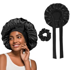 Ceeyoll Pack of 2 black silk caps for sleeping, hair cap for night, adjustable wide band for attaching to the head, satin hair cap for night hair protection, comes with 1 hair band, black, S