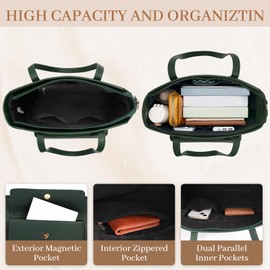 RAINSMORE Stylish Tote Bags For Women Premium Pu Leather Large Work Tote Bag With Zipper Waterproof Elegent Handbags Womens Anti Theft Purse For Travel Casual Business Lightweight Green