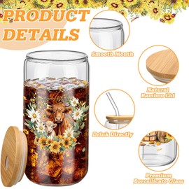 Skylety 6 Set Highland Cow Glass Cups with Straws and Lids 16 oz Can Shaped Drinking Cups Iced Coffee Glasses Sunflower Cow Tumbler Cup for Women Coworker Friend Farmer Cow Lover Gifts, 7 Brushes