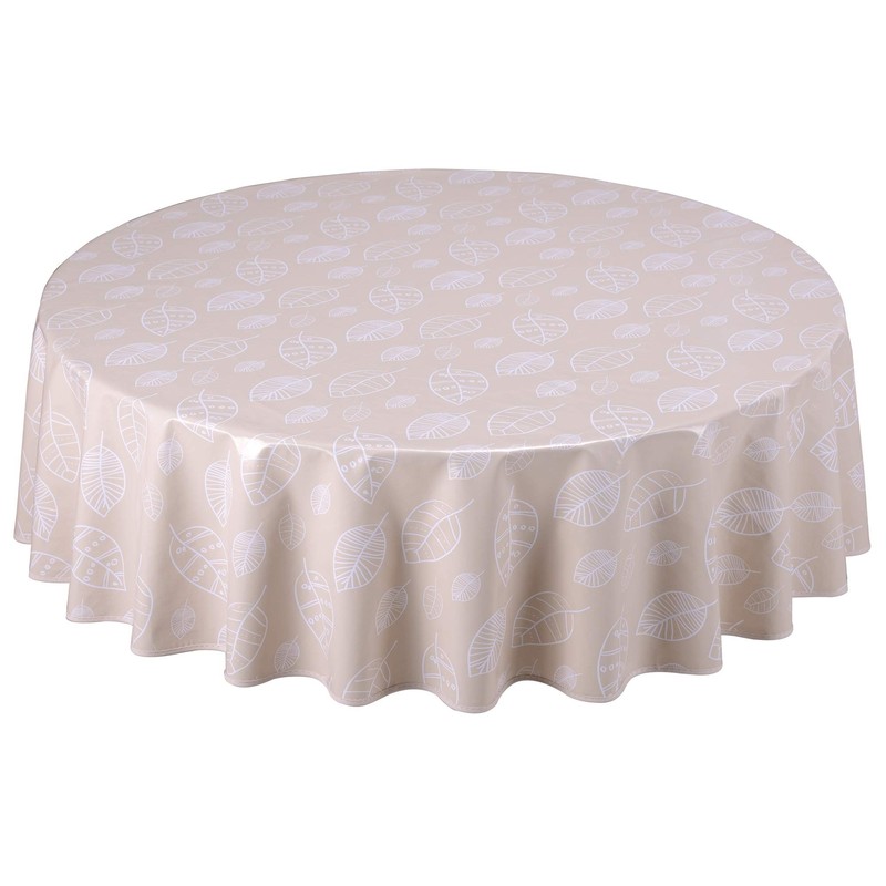 Oilcloth Tablecloth Washable Round 140 cm Leaves Beige