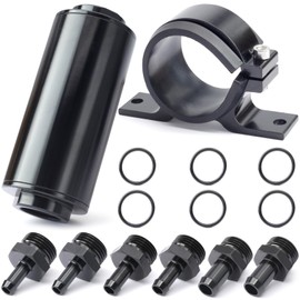 YUXIVCNE 100 Micron Inline Fuel Filter with 1/2in 3/8in 5/16in Barb Fitting Adapter and Universal 50MM Bracket Clamp Aluminum Black Compatible with Rubber Fuel Line, for Gasoline, Diesel, E85