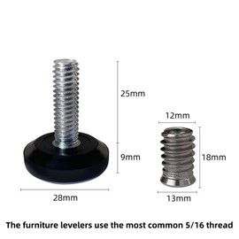 5/16" Threaded Leveling Feet Screw On for Furniture/Table/Chair/Bar Stool Glides,5/16-18 UNC Thread Adjustable Leg Levelers Screws in Foot Pads,28mm Teflon Nylon Base(16 Pcs/Pack)