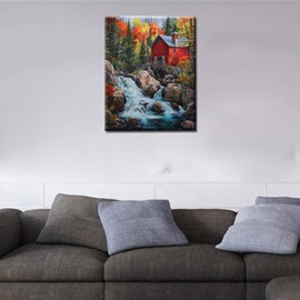 Autumn Forest Landscape Paint by Numbers Kits 16x20 inch Canvas Red Wooden House DIY Oil Painting for Kids,Adults Beginner Natural Landscape Waterfall Paintwork with Brushes Home Decor(Frameless)