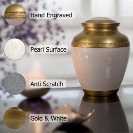 Large White Mother of Pearl Urn for Ashes Adult Female, Brass Metal Cremation Urn for Human Ashes, Gold Plating, 200 Cubic in. Memorial Funeral Urn for Burial, Velvet Urn Bag, Anti Scratch Felt Bottom