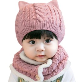 miaotti Baby Knit Hat, Neck Warmer Set, For Babies, Newborns, Winter, With Ears, Cold Protection, 0-2 Years Old, One Size Fits All, Pink