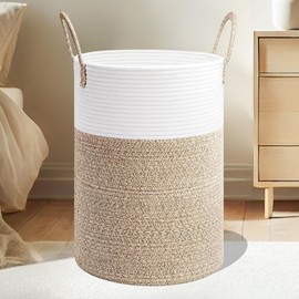 Cotton Rope Woven Laundry Basket - 60L White & Brown Woven Basket for Blankets, Toys and Dirty Clothes - Laundry Baskets with Handles for Living Room, Laundry Room, Bedroom Storage, Clothes Hamper