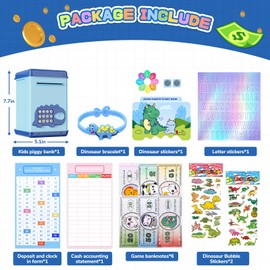 TCJJ Dinosaur Piggy Banks for Kids,Money Box for Boy with Password & Fingerprint Unlocking,4 Stickers & Dinosaur Bracelet&Accounting Sheet,Boys Dinosaur Gifts for Birthday,Christmas