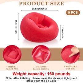 Realspring 9 Pcs Inflatable Bean Bag Chairs for Adults with Electric Air Pump, Blow up Couch Folding Portable Inflatable Couch Lazy Sofa for Outdoor Movie Nights Camping Room (Red)
