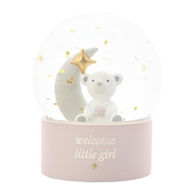 Bambino By Juliana 'Welcome Little Girl' Teddy & Moon Water Globe - Pink. Gifting to Celebrate Newborn Children, Family & Love - Baby Shower, Christening & New Born Gift.