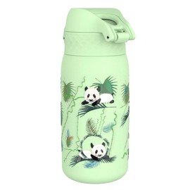 Ion8 Insulated Steel Water Bottle, 320 ml/11 oz, Leak Proof, Easy to Open, Secure Lock, Dishwasher Safe, Carry Handle, Flip Cover, Metal Water Bottle, Raised Print, Stainless Steel, Pandas Design