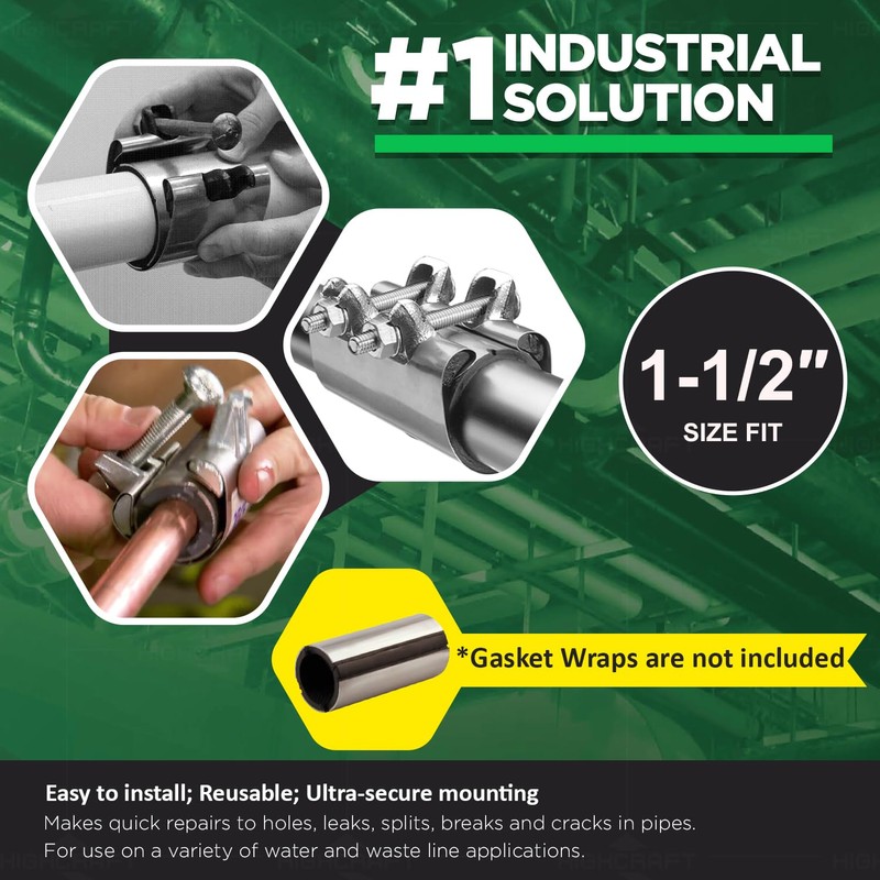 HIGHCRAFT 60150TTSD-5, Single Pipe Repair Clamp 1-1/2'', Double Bolt, 6”