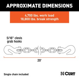 CURT 80307 20-Foot Transport Binder Chain, 5/16-Inch Clevis Hooks, 18,800 lbs Break Strength, Load Tie-Down, Trailer, Flatbed