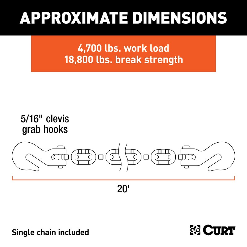 CURT 80307 20-Foot Transport Binder Chain, 5/16-Inch Clevis Hooks, 18,800