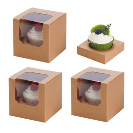 NPLUX 50 Pcs Cupcake Boxes Individual Cupcake Containers Pre-Assembled Single Cupcake Boxes 3.5"x3.5"x3.5" with 50 Pcs Inserts for Cupcakes Muffins Party Favors (Brown)