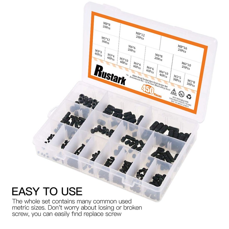 Rustark 450Pcs M3/M4/M5/M6/M8 Allen Head Socket Hex Grub Screw Set