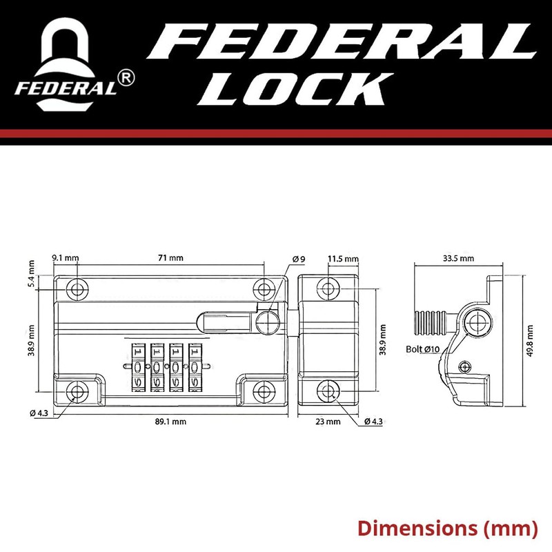 Federal Lock Combination Locking Bolt, Heavy Duty Sliding Lock With