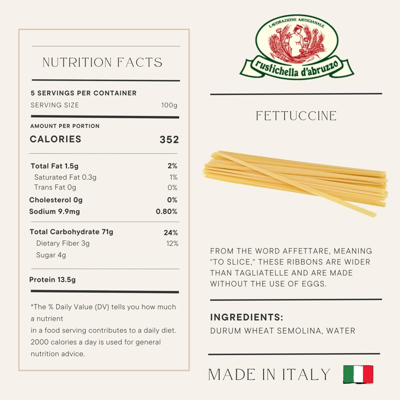 Rustichella d'Abruzzo Fettuccine - 500g Egg-Free Wide Ribbon Pasta -
