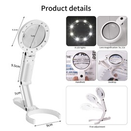 NUSKON Lámpara LED de Lupa Plegable con Base, Lupa de Escritorio LED con 8 Luces LED, Lámpara de Lupa Iluminada por LED Plegable para Lectura Inspección Soldadura Costura Reparación y Hobby