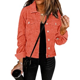 GRAPENT Women's Casual Basic Button Down Long Sleeve Stretchy Jean Trucker Denim Jacket with Pockets Color Orangeade Large Size 12 Size 14