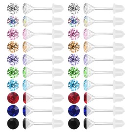 AoedeJ 40 Pcs Colorful Earrings Cubic Zirconia Earrings Studs Hypoallergenic With Plastic Post For Women Multipack (3mm)