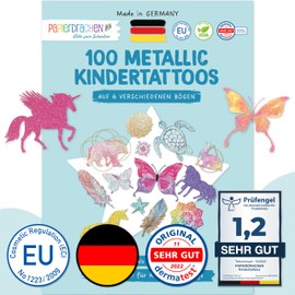 Papierdrachen 100 metallic tattoos for sticking, skin-friendly children's tattoos, mandala, cool designs, as a birthday gift or gift idea, vegan, made and tested in Germany