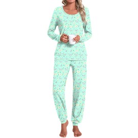 HOTGIFT Women Lounge Set Cute Long Sleeve Pajama Sets Casual 2 Piece Pj Outfit Sleepwear Green Butterfly Medium
