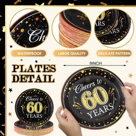 Sunnyray 100 Pack Birthday Party Plates Cheers to 50 Years Disposable Paper Plates 9 Inch, Black Gold Dinner Plates for 50th Birthday Anniversary Party Supplies(60th)