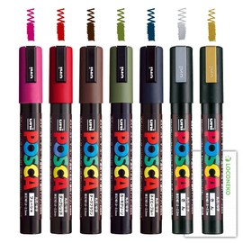 Mitsubishi Pencil, Water-Based Marker, Posca, PC-5M, 5 Dark Colors + Gold & Silver, Total 7 Pieces Set + Locco Cat Writing Card