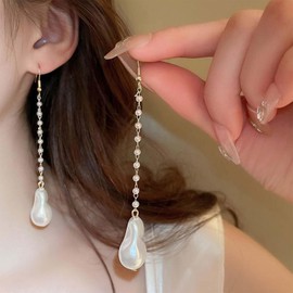 Aneneiceera Vintage Long Baroque Pearl Earrings Gold Pearl Drop Earrings Long Tassel Pearl Dangle Earrings Linear Pearl Earrings Jewellery For Women, Zinc