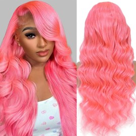 QGVQGV 22 Inch Pink Lace Front Wig Human Hair 13x6 HD Lace Pink Body Wave Wig Human Hair Pre Plucked Colored For Women 200% Density Strawberry Body Wave Lace Front