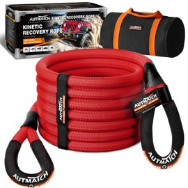 AUTMATCH Kinetic Recovery Tow Rope 7/8" x 30FT - Heavy Duty Energy Recovery Rope 35000Lbs, 35% Elasticity Offroad Snatch Strap for 4x4 Off-Road Vehicle, Truck, Trailer, ATV, UTV, Red
